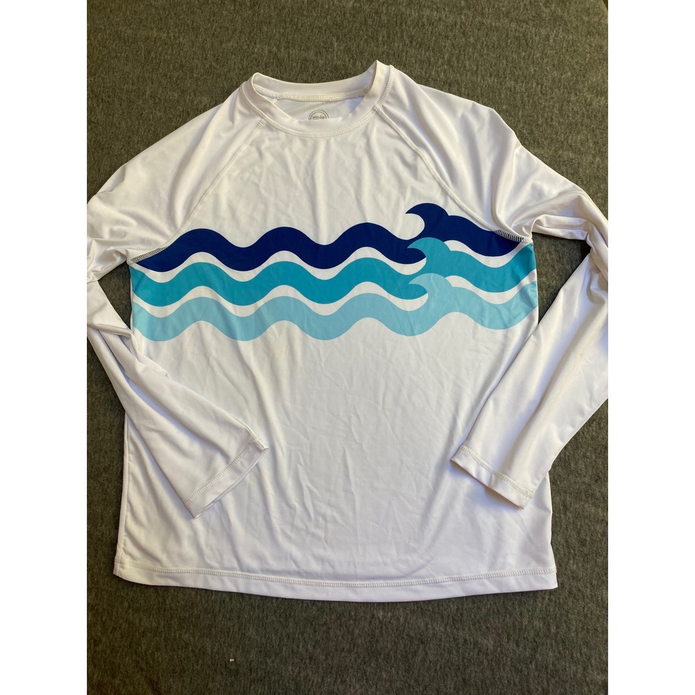 Wonder Nation Boys XL 14-16 White Blue Wave Long Sleeve Rash Guard Swim Shirt